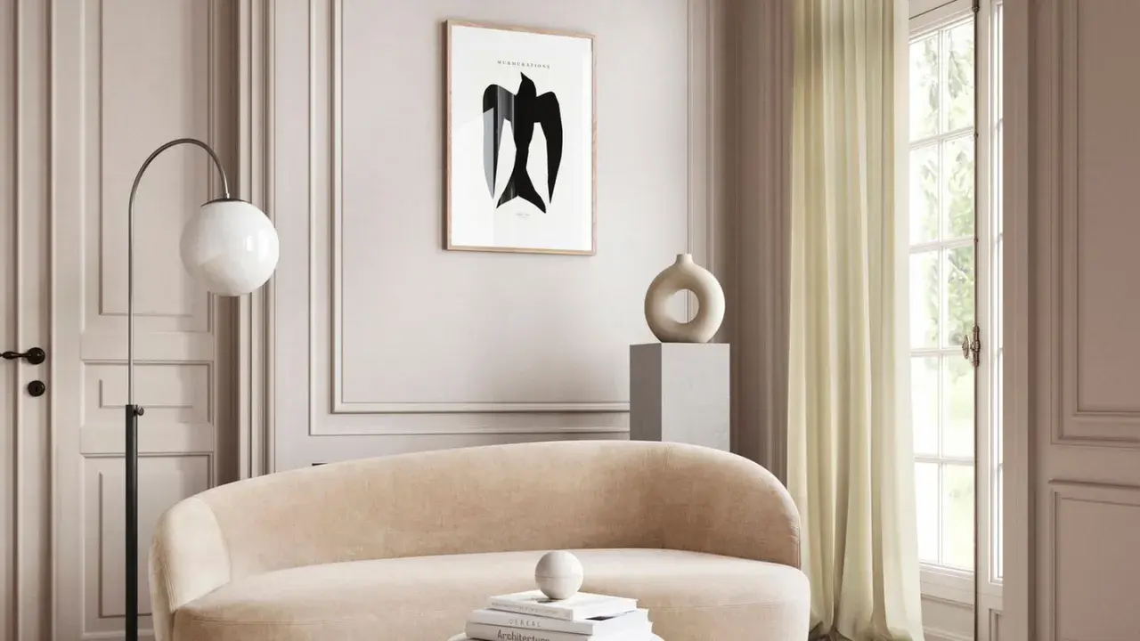 Ein stilvolles Wohnzimmer in greige farbe mit einem geschwungenen Sofa, einem modernen Lampenschirm und einem abstrakten Vogelbild.