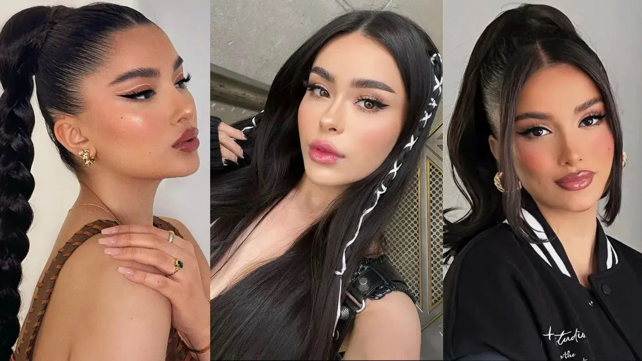 Tres mujeres con peinados aesthetic: una con coleta alta y trenza, otra con trenzas finas y cordones blancos, y la tercera con coleta alta y mechones sueltos.