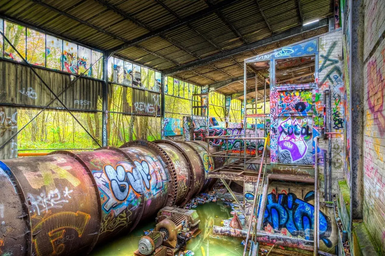 Un site d'urbex au Pays Basque, une ancienne usine envahie par la végétation et recouverte de graffitis colorés, avec de gros tuyaux rouillés et de l'eau stagnante.