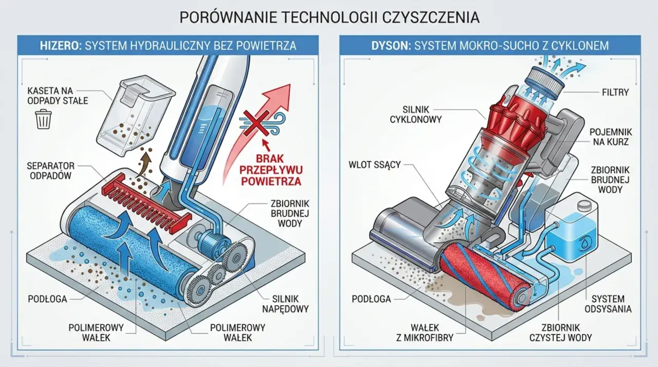 Ilustracja porównująca działanie odkurzacza Hizero (system hydrauliczny) i Dyson (system mokro-suchy z cyklonem).