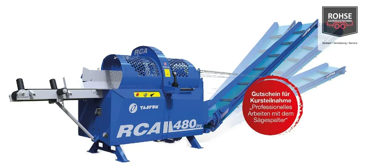Blauer Sägespaltautomat Tajfun RCA 480 joy mit Förderband. Ideal für professionelles Arbeiten mit dem Sägespalter.