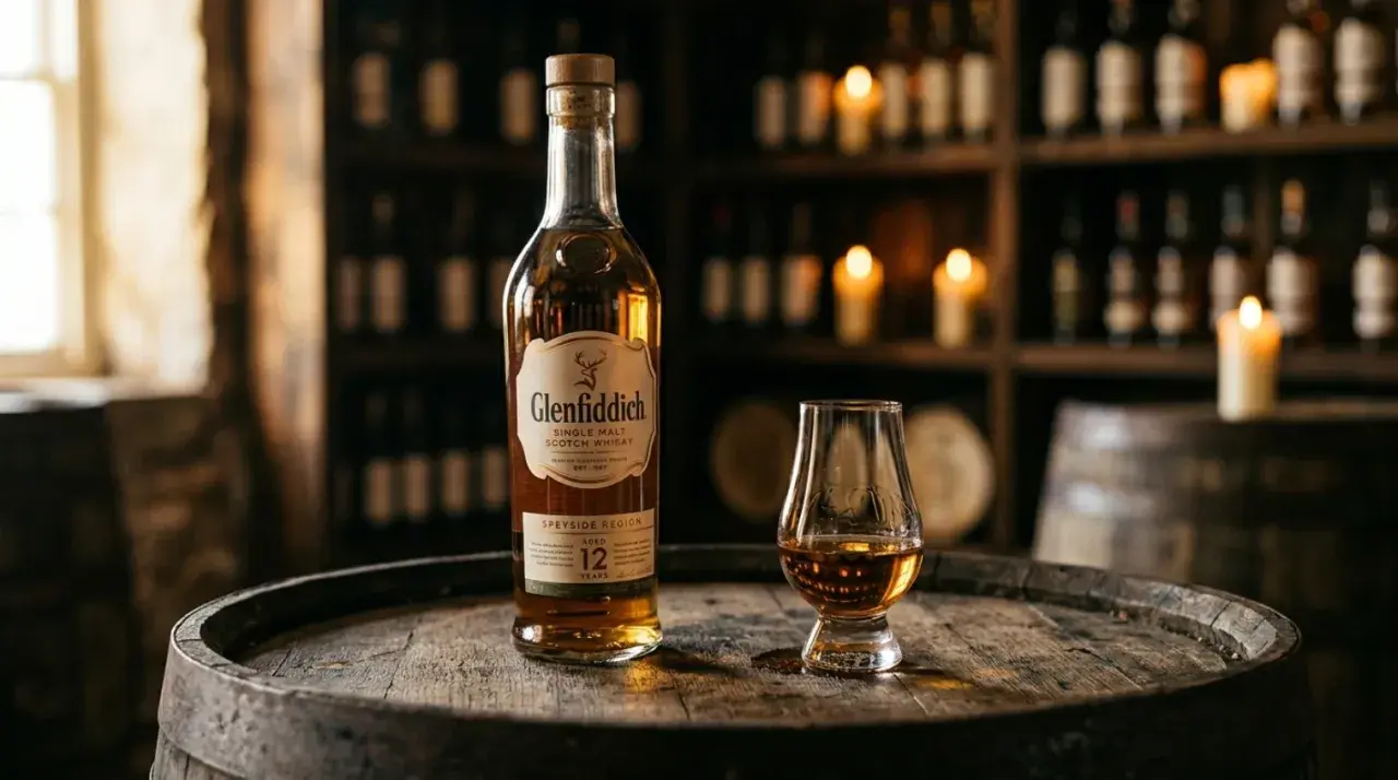 Butelka Glenfiddich 12yo Single Malt i kieliszek z whisky. Różnica między Single Malt a Blended Whisky, proces produkcji i cena.