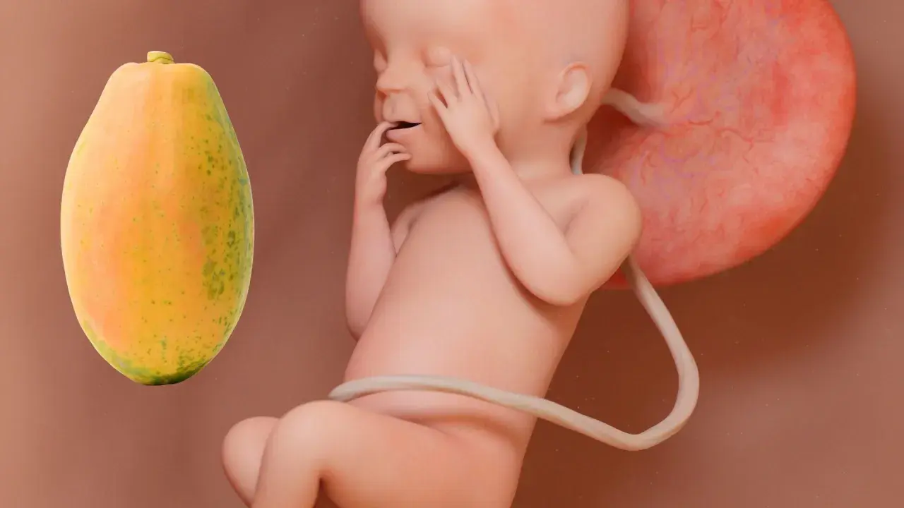 Feto a 22 settimane di gravidanza, con una papaya accanto. Si discute dei rischi associati a questo stadio.