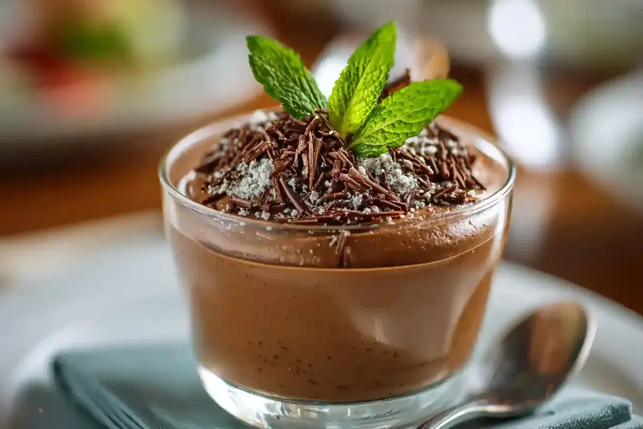 Une coupe de mousse au chocolat onctueuse, garnie de copeaux de chocolat et de menthe fraîche. Parfait pour une recette facile.