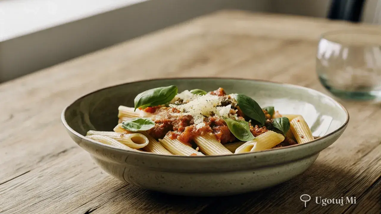 Penne z sosem pomidorowym i tuńczykiem, posypane parmezanem i udekorowane listkami bazylii. Pyszny makaron z tuńczykiem na drewnianym stole.