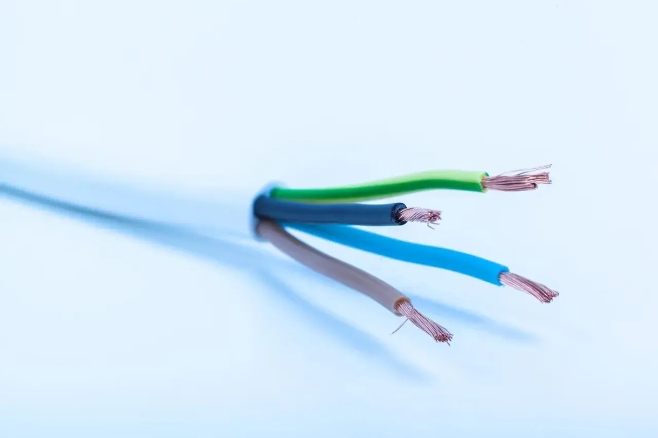 Przewód elektryczny z żyłami w kolorach zielonym, czarnym, niebieskim i brązowym. Idealny, by dowiedzieć się, jaki kabel do oświetlenia ogrodu wybrać.