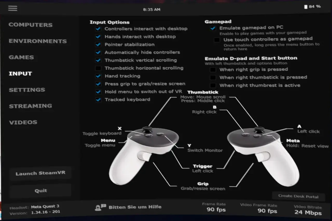Interface de configuration de vr desktop montrant les options d'entrée et de manette pour les casques VR.