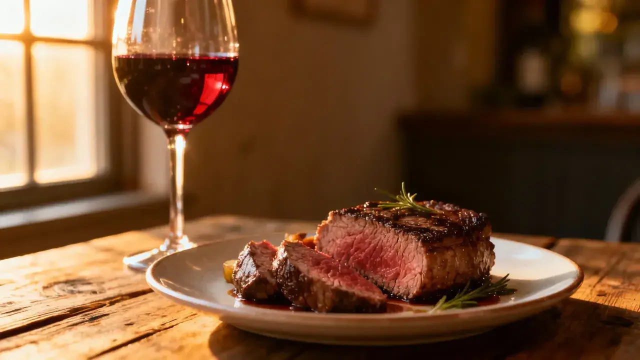 Un délicieux filet mignon, parfaitement cuit, accompagné d'un verre de vin rouge. Un repas d'exception.