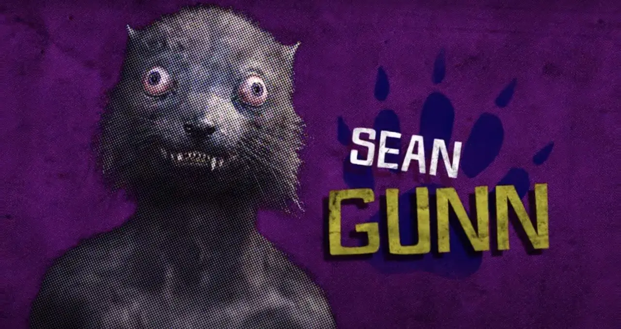 Une belette aux yeux exorbités, clin d'œil à Sean Gunn dans Suicide Squad 2, sur fond violet avec des empreintes de pattes.