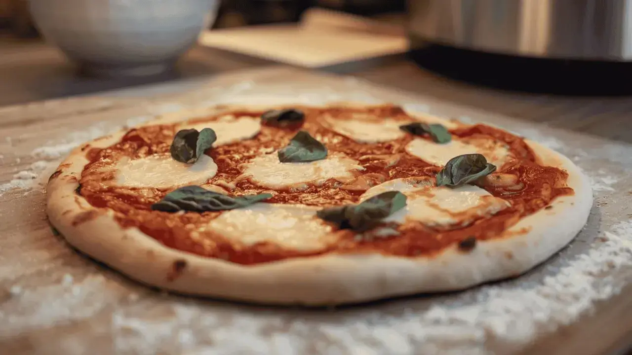 Une délicieuse pizza Margherita, avec sa pâte à pizza maison, prête à être dégustée. Un vrai délice pour les amateurs de pain et de bonnes choses.