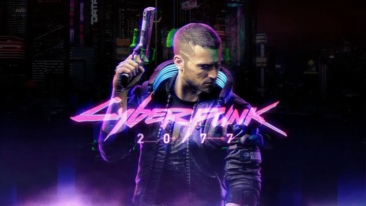 Mężczyzna z pistoletem na tle neonowego miasta, logo Cyberpunk 2077.