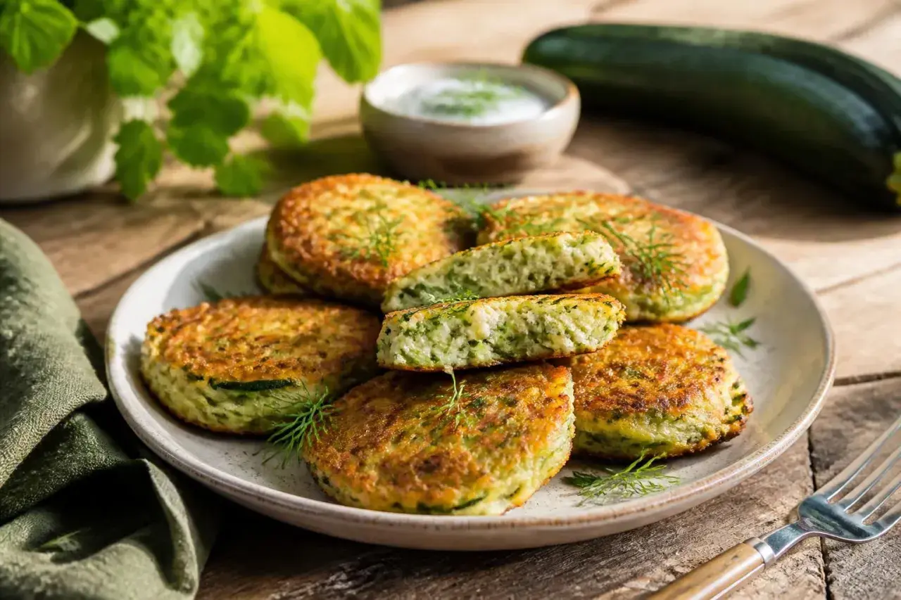 Goldbraune Zucchini-Puffer, frisch zubereitet, liegen auf einem Teller. Ein Puffer ist angeschnitten und zeigt die saftige Füllung.