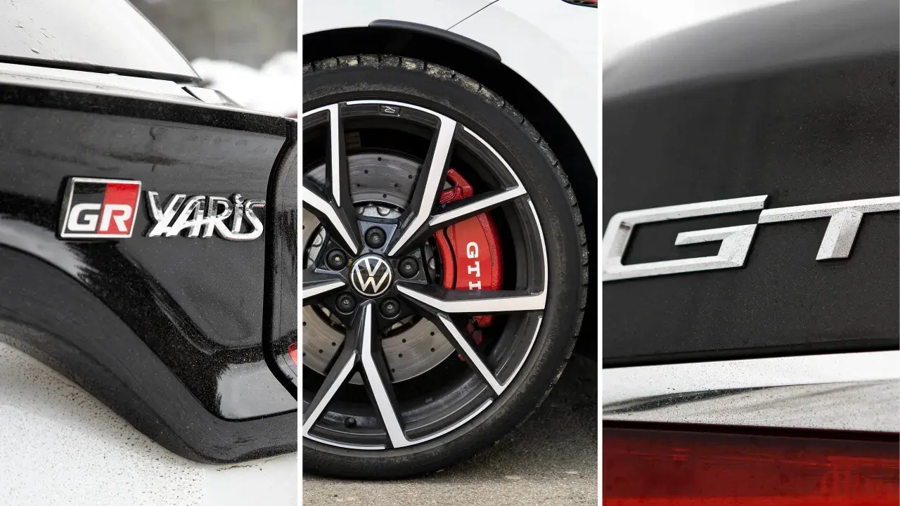 Detaljer från en GR Yaris och en VW Golf GTI. Två sportiga bilar som ger en GT-känsla.