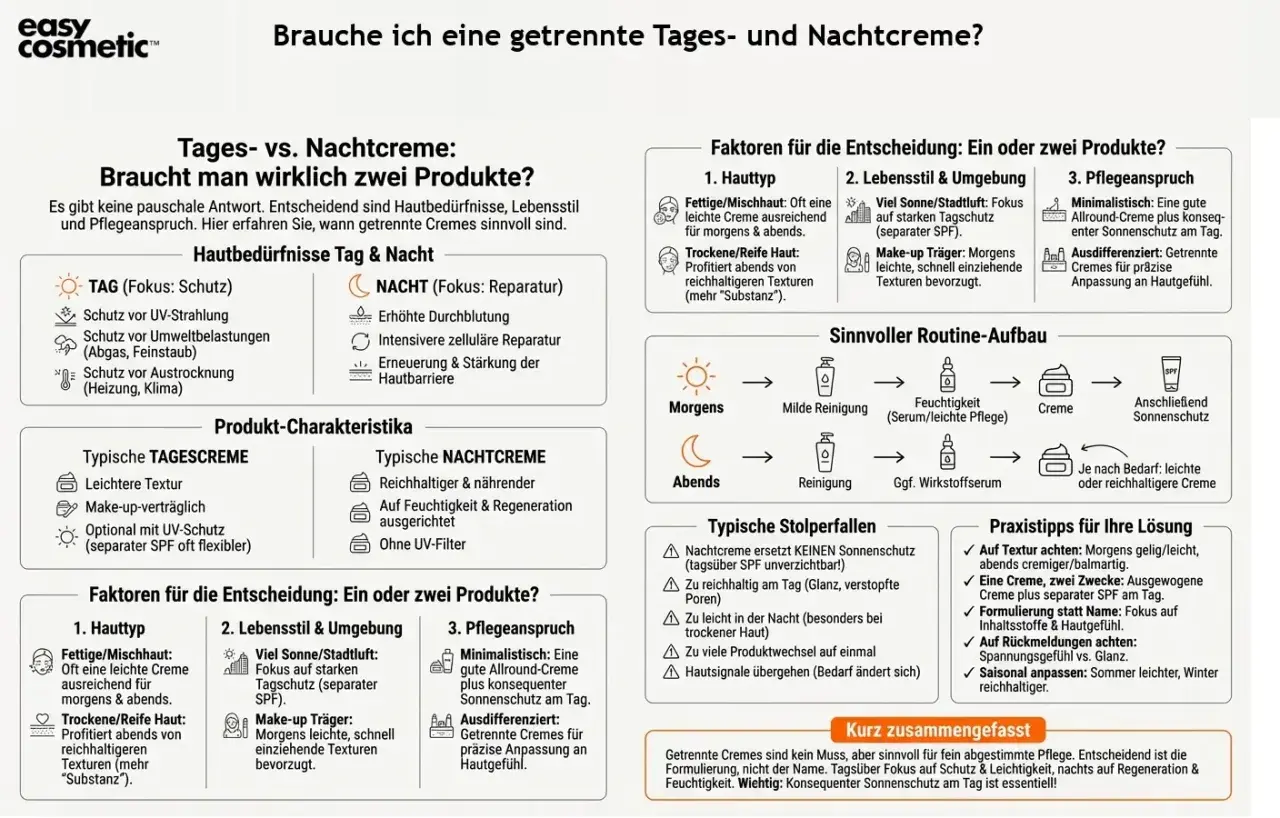 Die Grafik erklärt, wann eine getrennte Tages- und Nachtpflege sinnvoll ist. Sie vergleicht die Eigenschaften und den Nutzen beider Cremes.