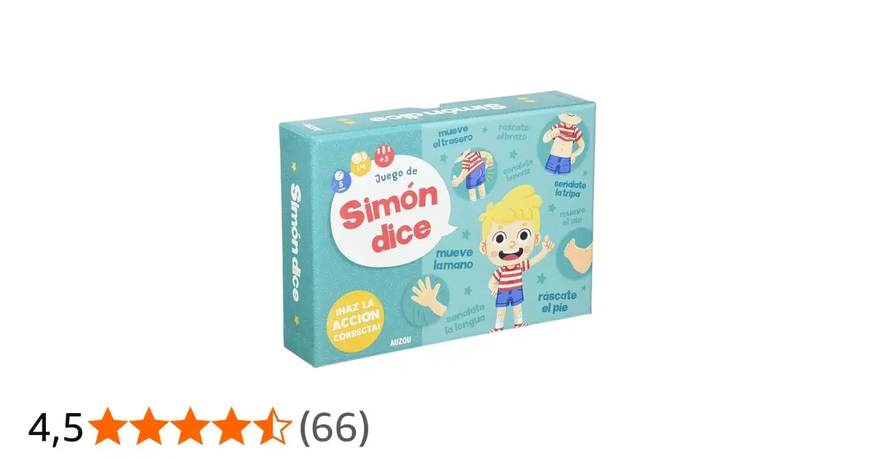 Caja del juego "Simón dice", con ilustraciones de un niño y acciones como "mueve el trasero" o "rascate el pie".