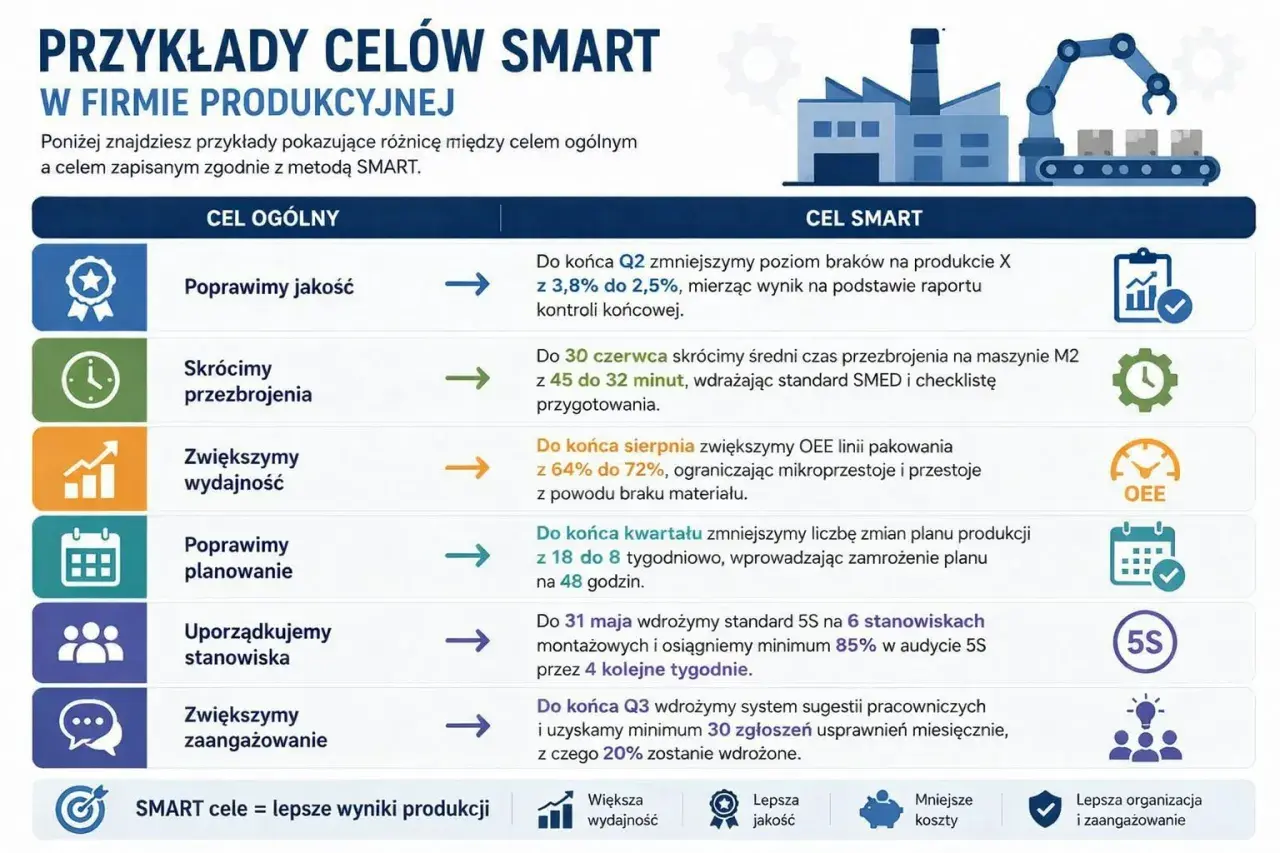 Przykłady celów SMART w firmie produkcyjnej: poprawa jakości, skrócenie przezbrojeń, zwiększenie wydajności, lepsze planowanie, uporządkowanie stanowisk, zwiększenie zaangażowania.