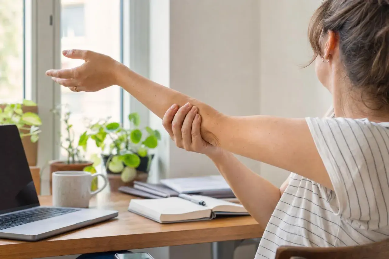 Donna con braccia pesanti senza forza, si massaggia l'avambraccio mentre lavora al computer.