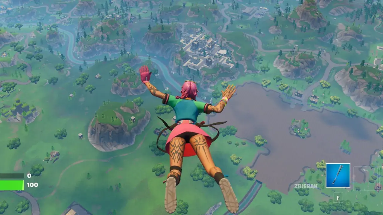 Postać z różowymi włosami spada na mapę w grze Fortnite, przygotowując się do akcji w stylu RPG.