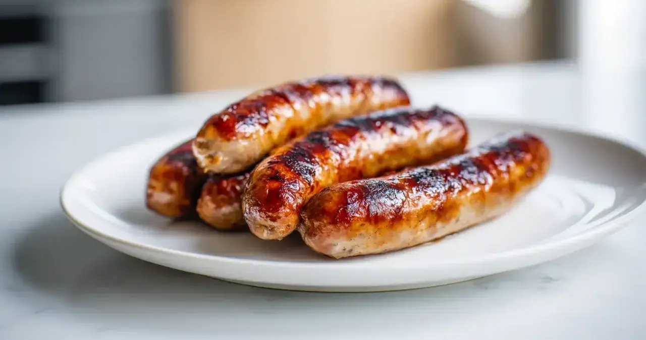 Cinq saucisses de Toulouse grillées à la perfection, prêtes pour la cuisson.