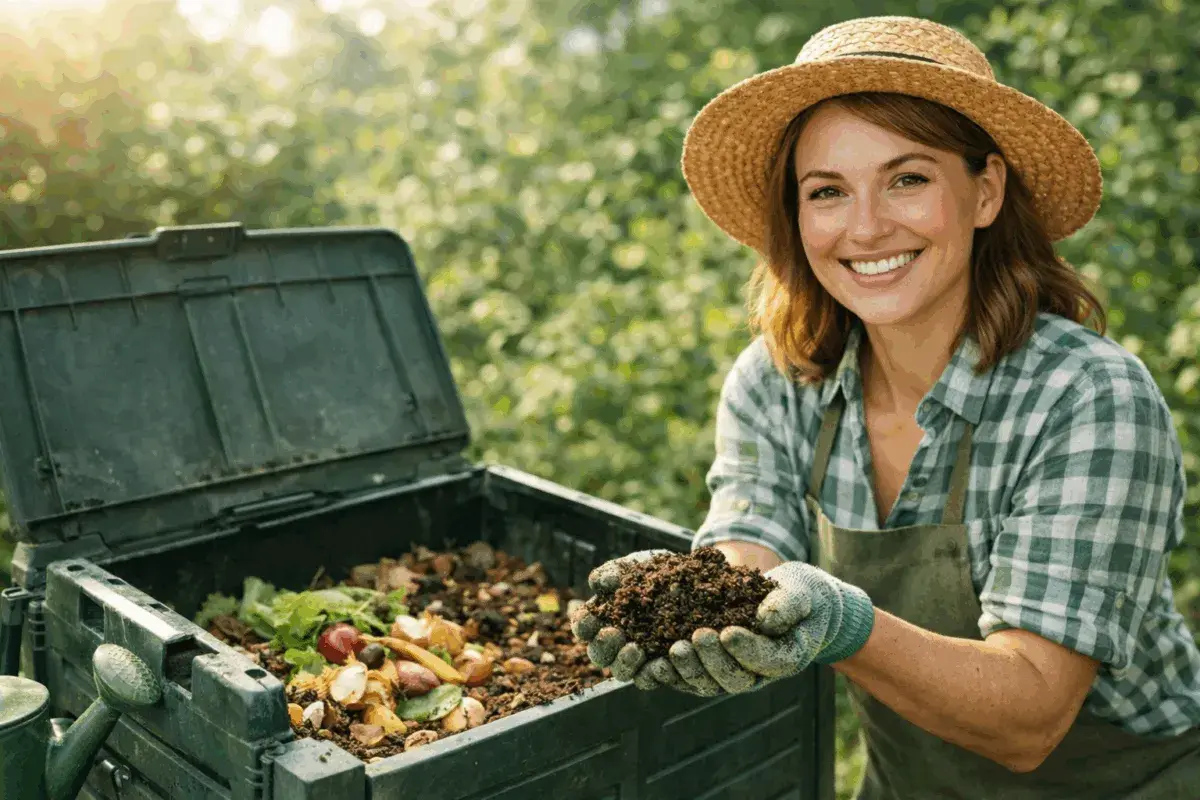 Donna sorridente con cappello di paglia mostra compost maturo, frutto del suo lavoro su come fare il compost.