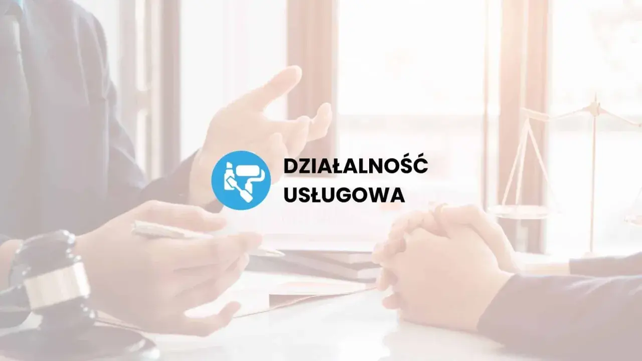Dwie osoby przy biurku, symbol usługi i waga sprawiedliwości.