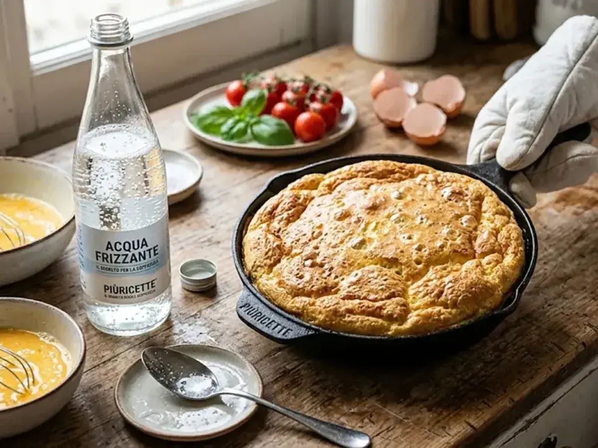 Frittata alta appena sfornata, con accanto una bottiglia di acqua frizzante, pomodorini e gusci d'uovo.