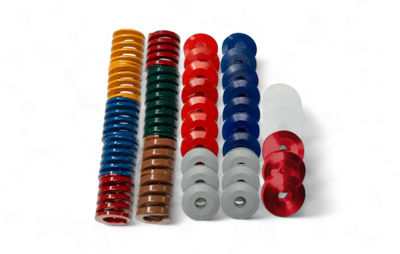 Molte molle colorate e rondelle in elastomero, un materiale flessibile e resistente, sono disposte in colonne su sfondo nero.