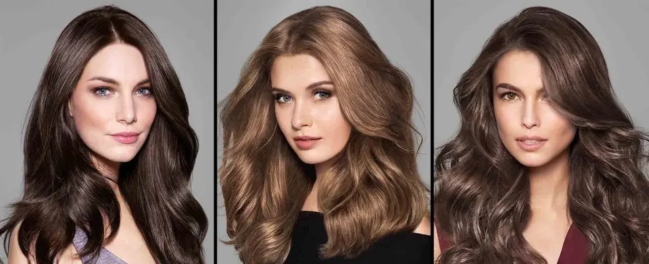Tres mujeres lucen estilos de cabello castaño con reflejos miel, cada una con un look único y radiante.