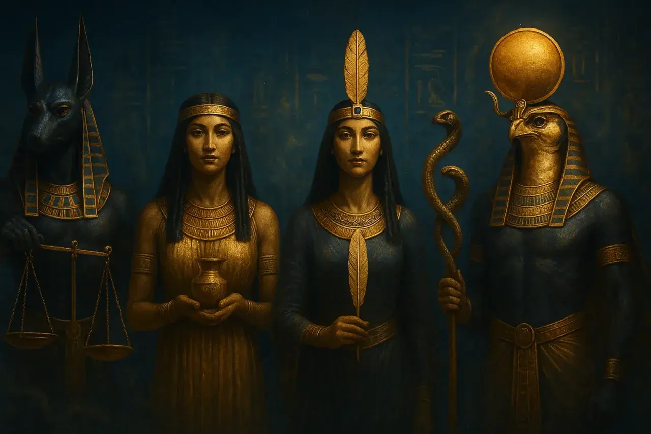 Bogowie egipscy: Anubis z wagą, dwie kobiety z wazą i piórem, oraz Horus z wężem.