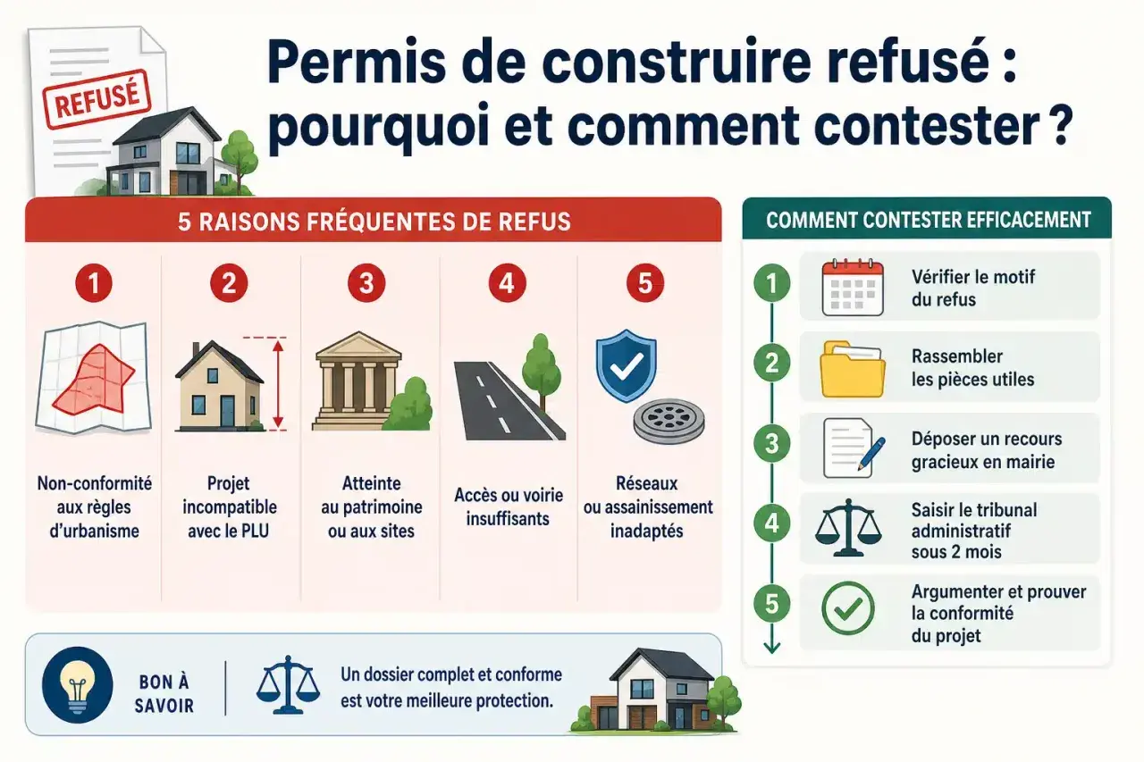 Permis de construire refusé : 5 raisons et comment contester efficacement, y compris saisir le tribunal administratif.