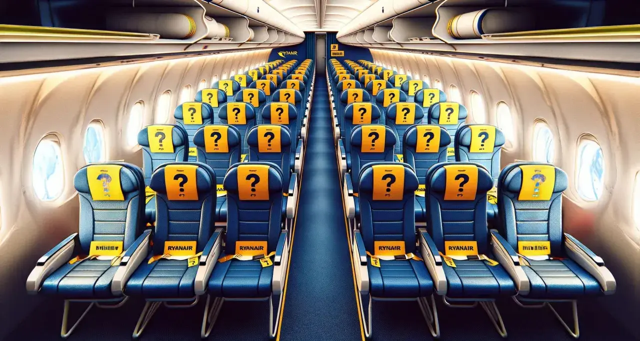 Puste rzędy siedzeń w samolocie Ryanair. Ile jest miejsc w samolocie? Zagadkowe żółte zagłówki z pytajnikami sugerują tajemnicę.