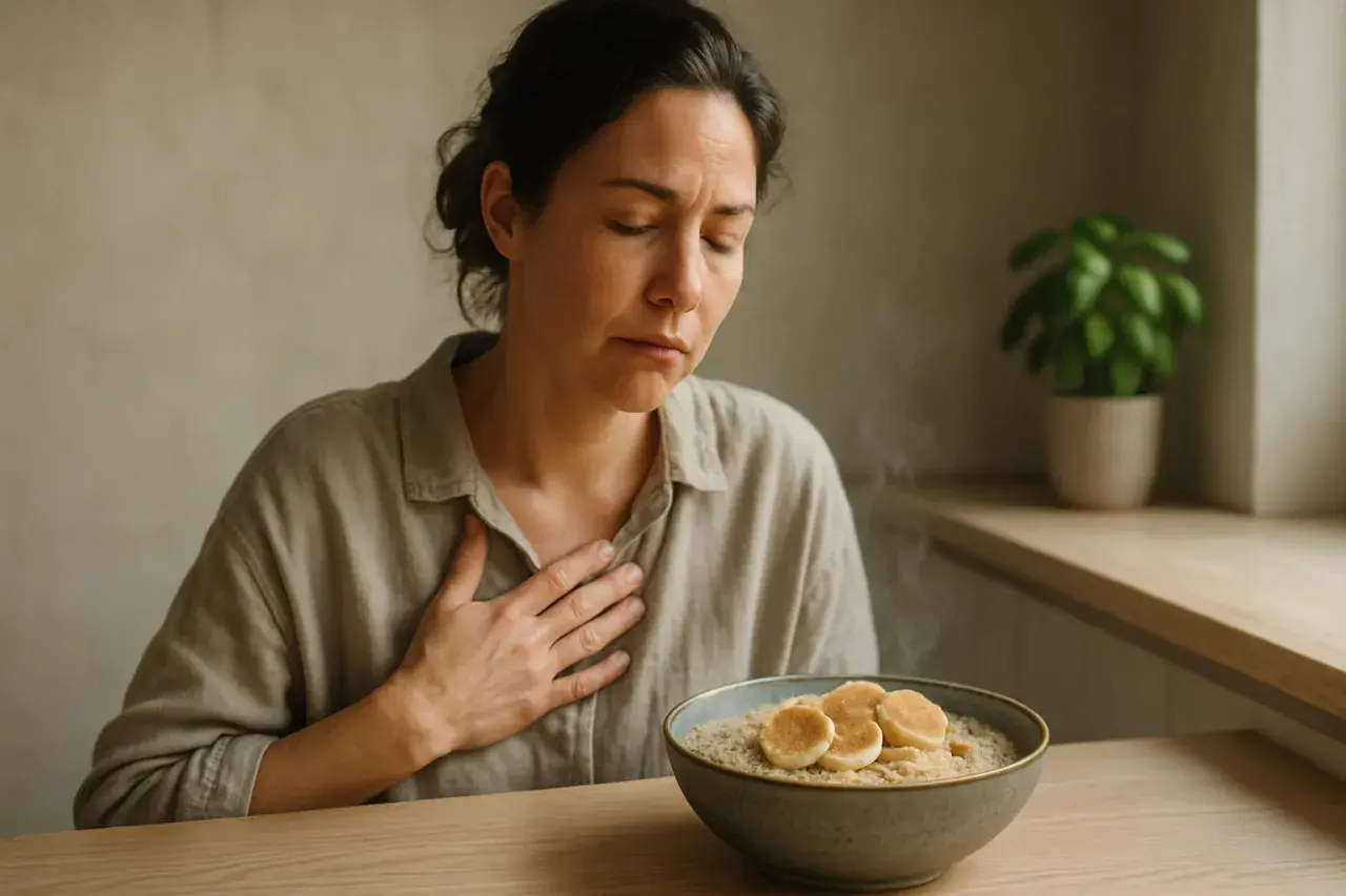 Donna con mano sul petto, con espressione sofferente, davanti a una ciotola di porridge. Forse la ricotta fa male allo stomaco.