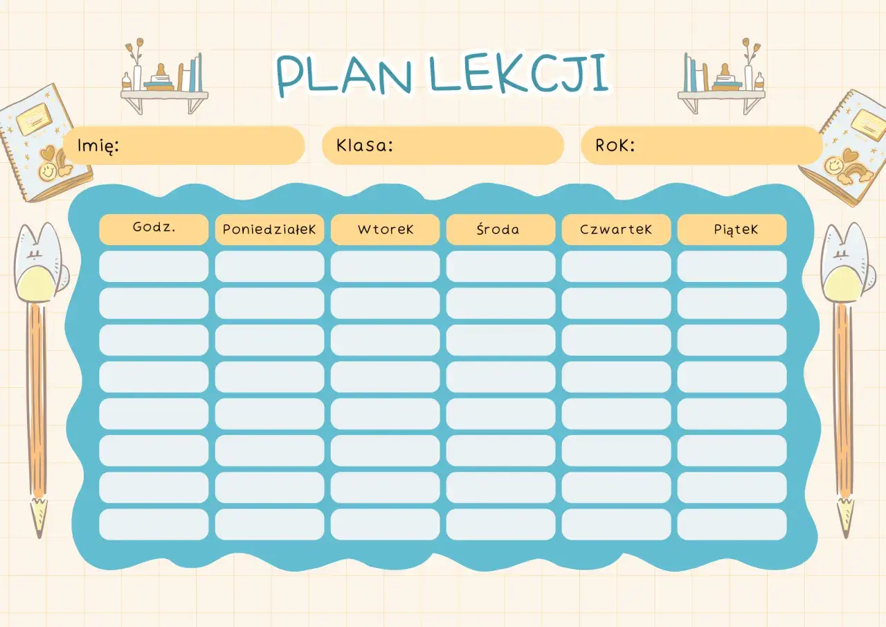 Ilustracja pustego planu lekcji z polami na imię, klasę, rok oraz dni tygodnia od poniedziałku do piątku.