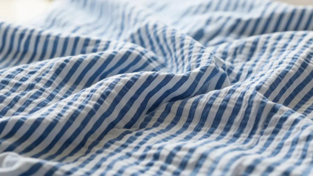 Blau-weißer Seersucker-Stoff mit charakteristischen Falten. Dieses Gewebe ist leicht und luftig, perfekt für Sommerkleidung.