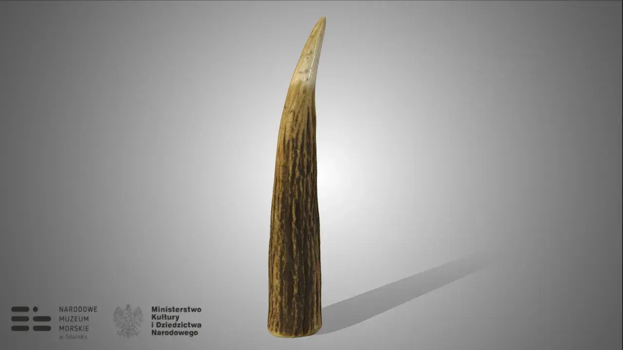 Stożkowaty, brązowy przedmiot, przypominający marlin spike, z widoczną fakturą.