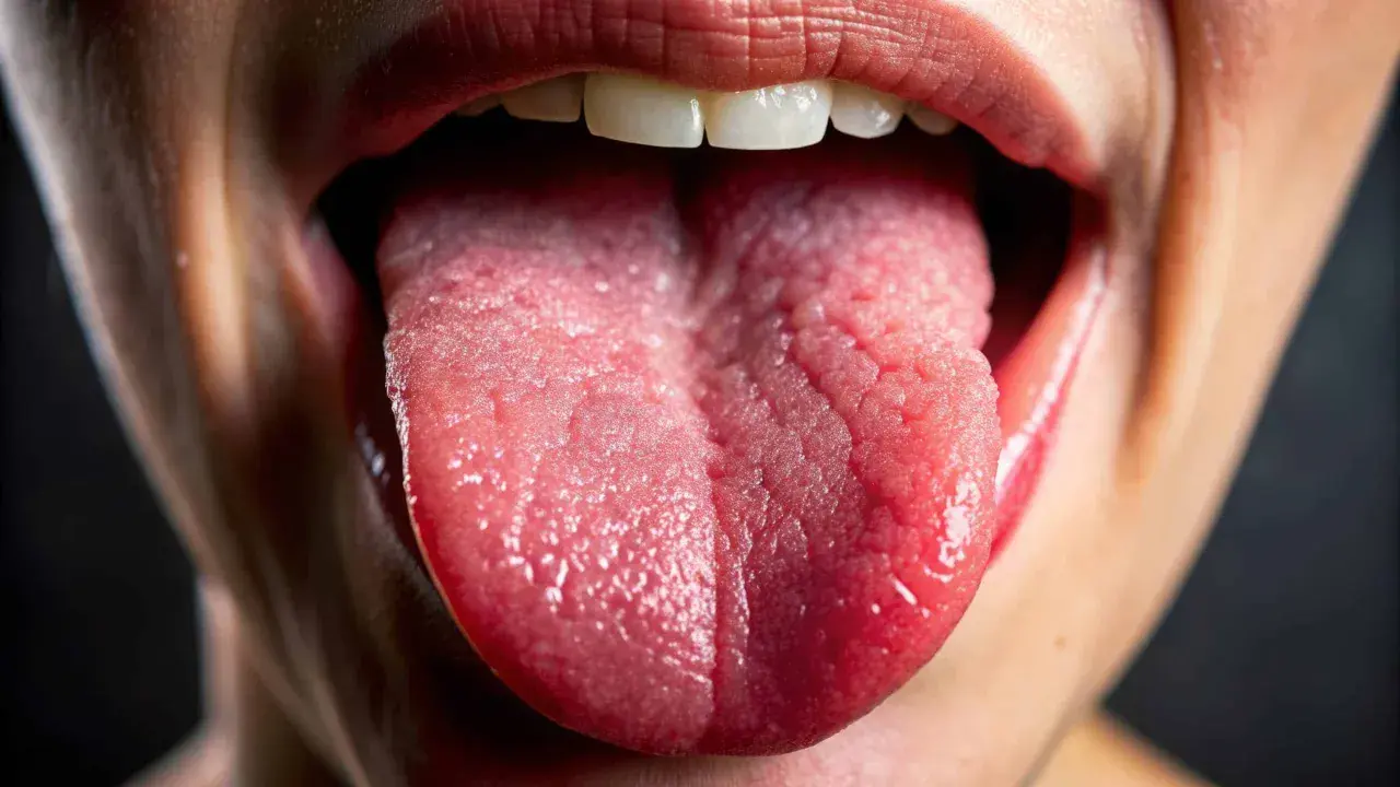 Lingua arsa e secca, con papille evidenti. Potrebbe indicare disidratazione o altre cause di bocca arsa.