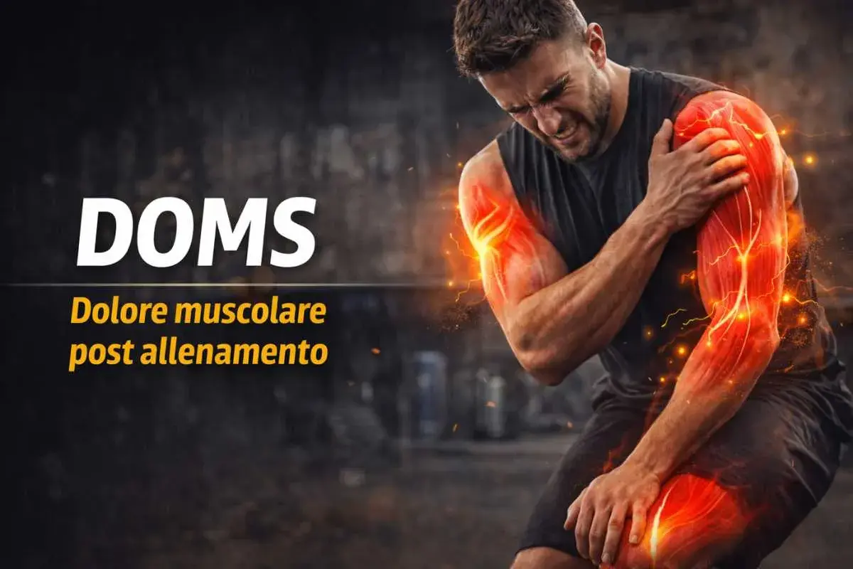 Uomo con dolori muscolari post allenamento, DOMS. I dolori post allenamento sono positivi, segno di crescita muscolare.