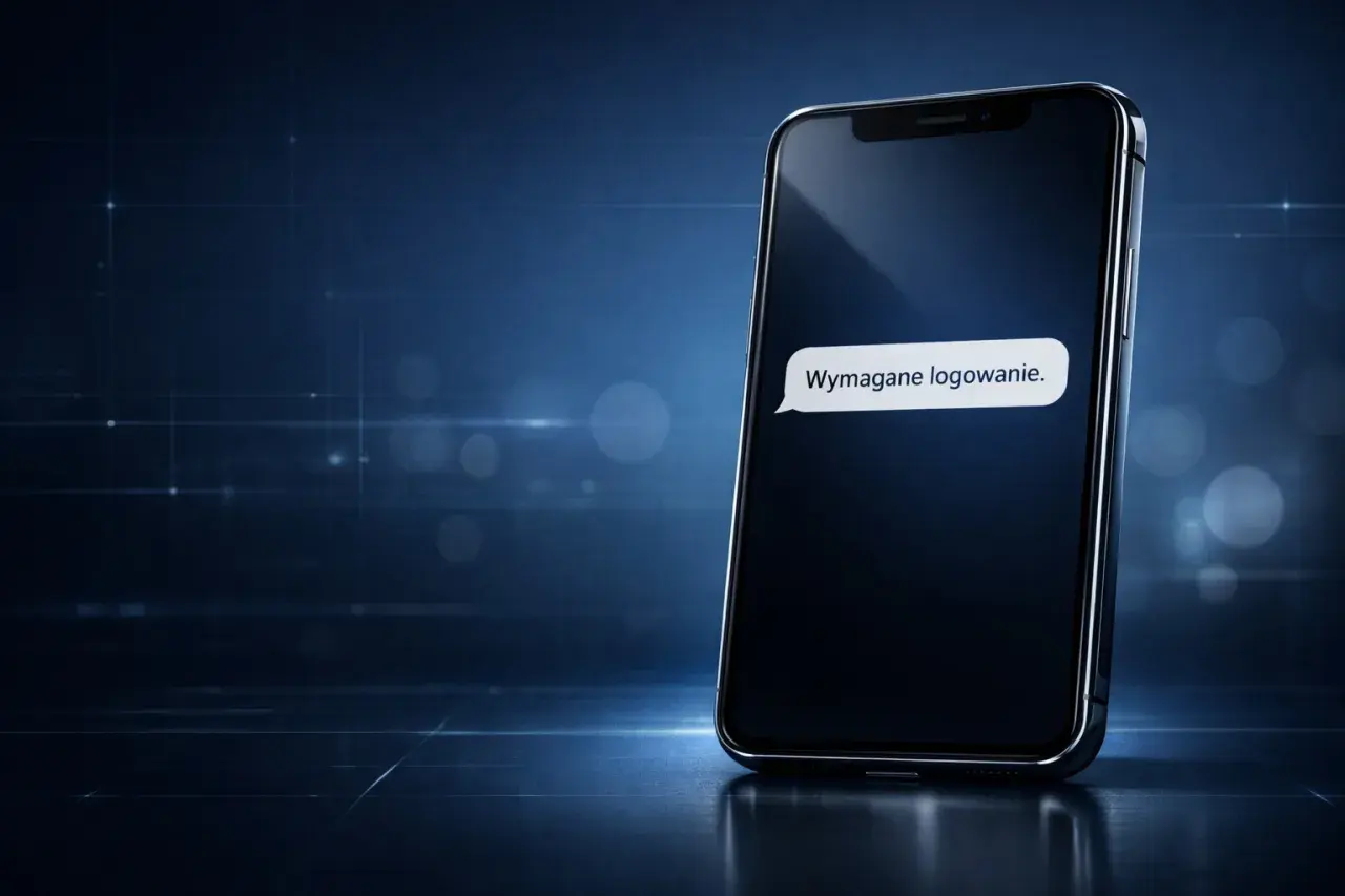 Telefon z wiadomością "Wymagane logowanie." – przykład smishingu. Uważaj na podejrzane SMS-y!