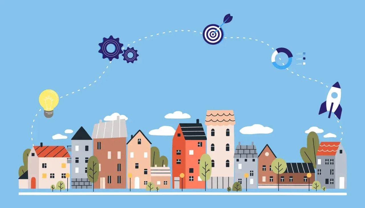 Eine Glühbirne, Zahnräder, Zielscheibe, Diagramm und Rakete über einer Stadtkulisse – **innovative Ideen Beispiele** für den Aufstieg.