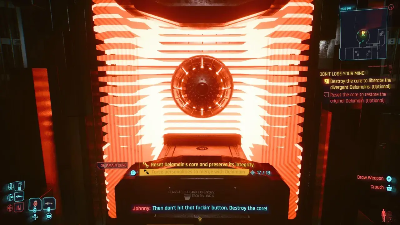 Cyberpunk 2077: Delamain reanimacja. Gracz stoi przed rdzeniem Delamaina, wybierając między jego zniszczeniem a przywróceniem.