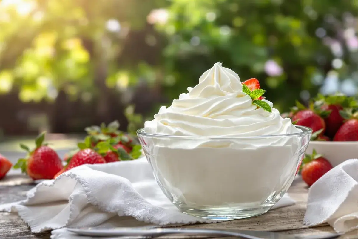 Un bol de crème chantilly qui tient longtemps, garni d'une fraise et d'une feuille de menthe, entouré de fraises fraîches.