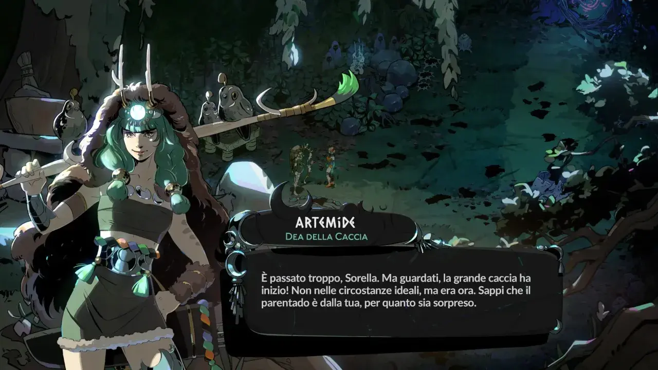 Artemide, dea della caccia, parla in questo screenshot di Hades 2 per PS5. La sua frase suggerisce un'avventura imminente.
