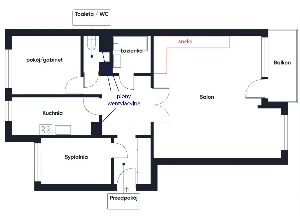 Plan mieszkania z kuchnią, salonem, sypialnią, łazienką i aneksem. Wskazane piony wentylacyjne. Przeniesienie kuchni może być problematyczne.
