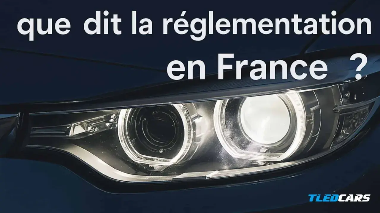 Gros plan sur les feux d'une voiture moderne, éclairés. Le texte "que dit la réglementation en France ?" suggère une discussion sur les différents feux de voiture.
