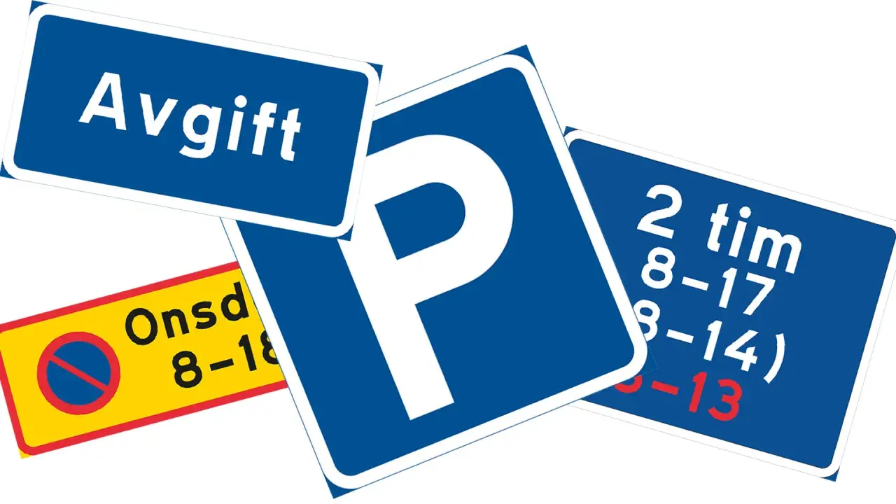 Parkeringsskyltar med information om avgift, tidsbegränsning och stoppförbud. Dessa skyltar visar viktiga lastplats regler.