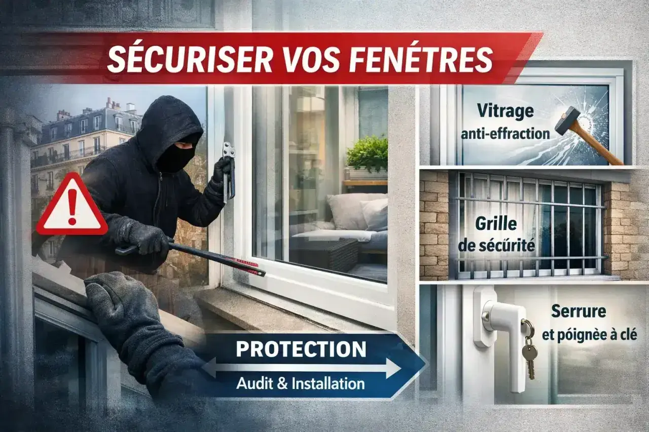 Un cambrioleur tente d'entrer par une fenêtre. L'image montre des solutions de sécurité : vitrage anti-effraction, grille, serrure.
