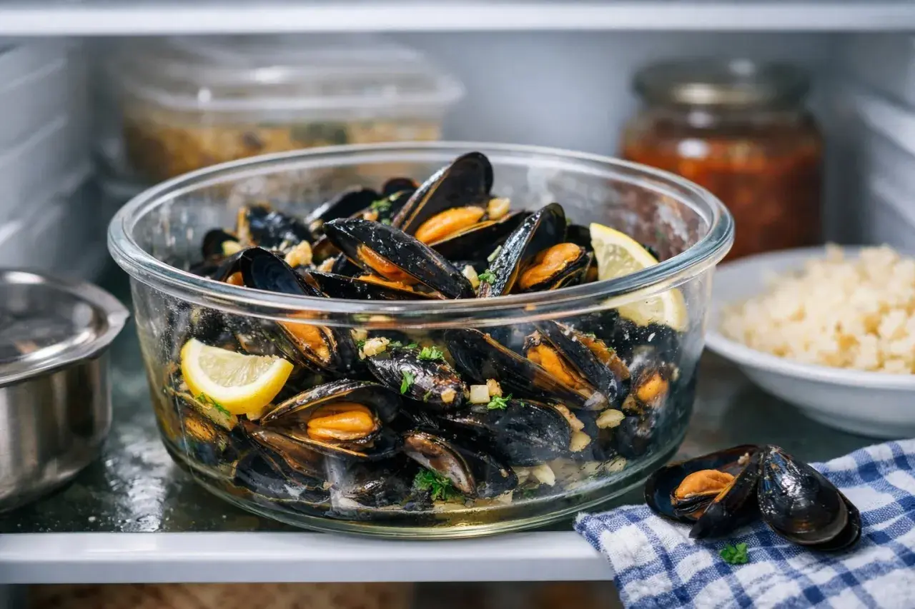 Un bol de moules cuites, garnies de citron et de persil, prêt pour la conservation au frais.