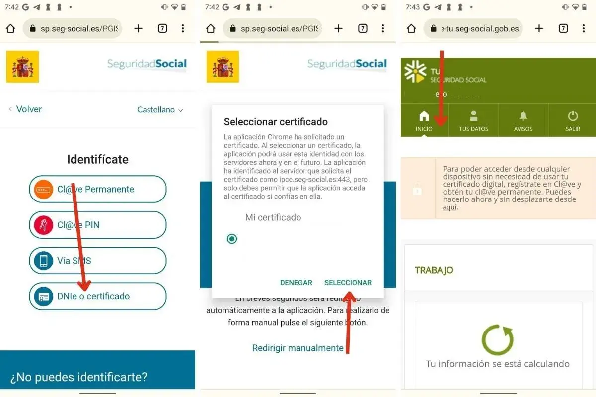 Pasos para instalar certificado digital Android en la Seguridad Social. Selecciona "DNIe o certificado" para continuar.