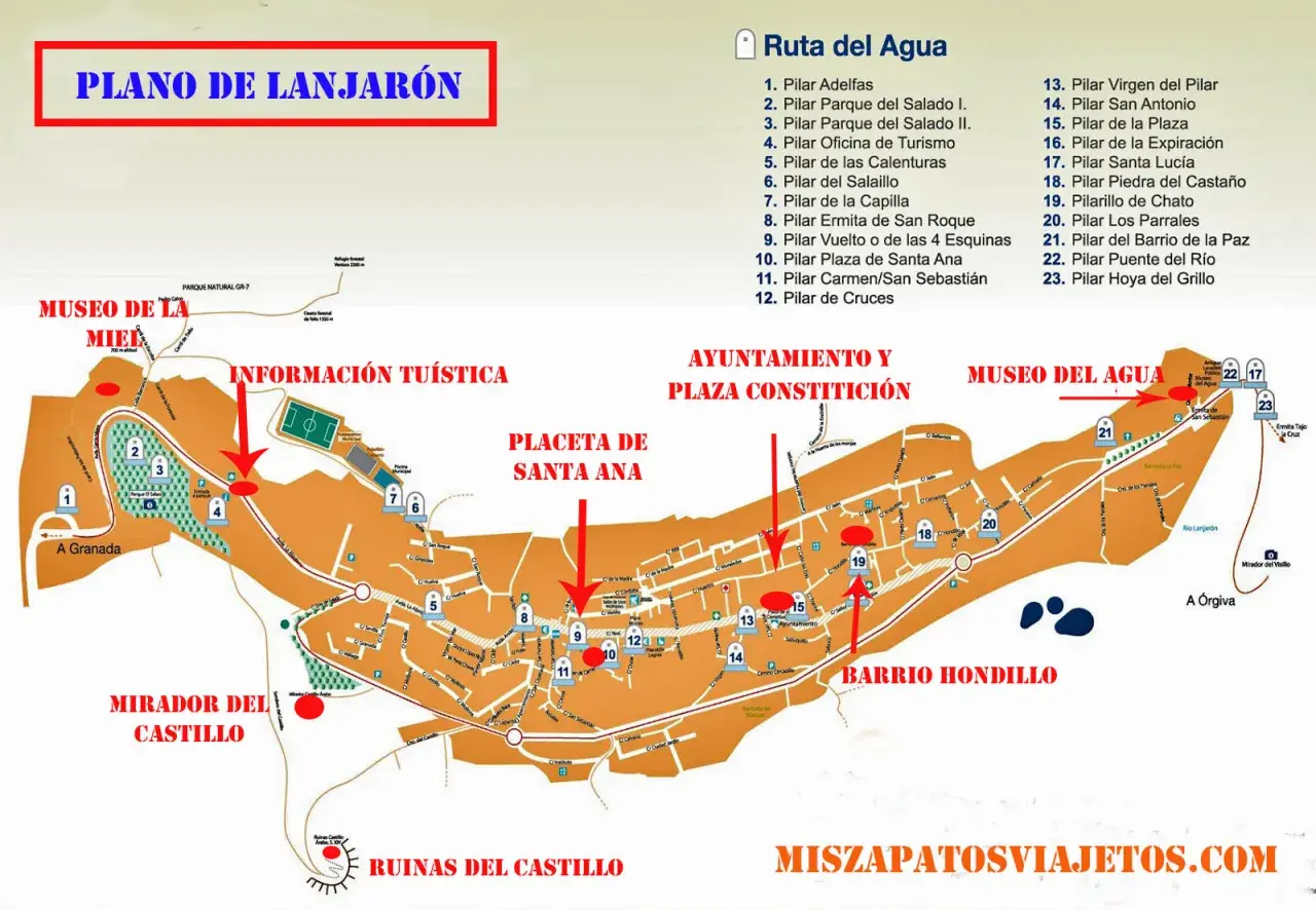 Mapa de Lanjarón con la "Ruta del Agua" y puntos de interés. Ideal para planificar cómo llegar y qué ver.