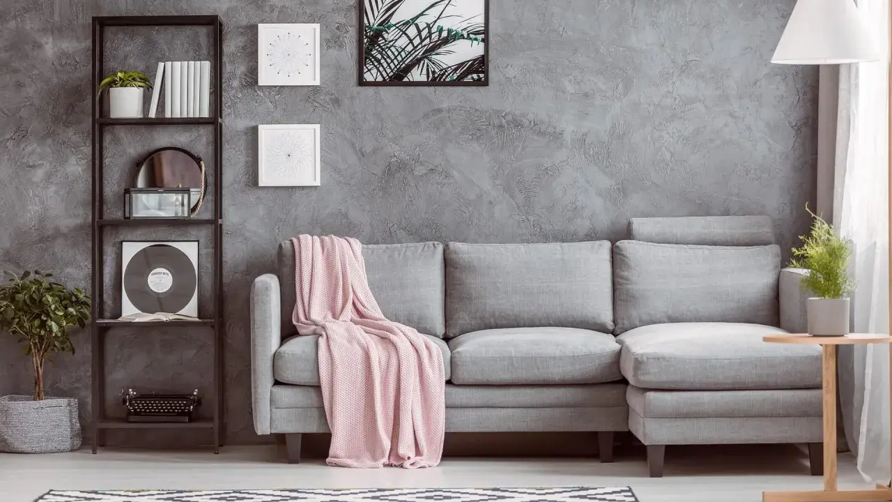 Un divano grigio con coperta rosa, libreria con vinile e piante. Idee su cosa mettere vicino al divano: tavolino, lampada, quadri.